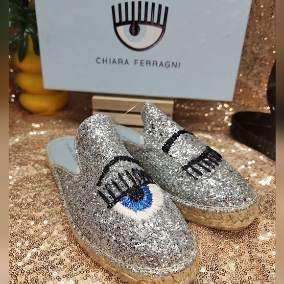 NIB CHIARA FERRAGNI Glitter Espadrille Mules In Silver - Picture 3 of 13